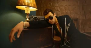 Stylish person lounging near vintage decor.